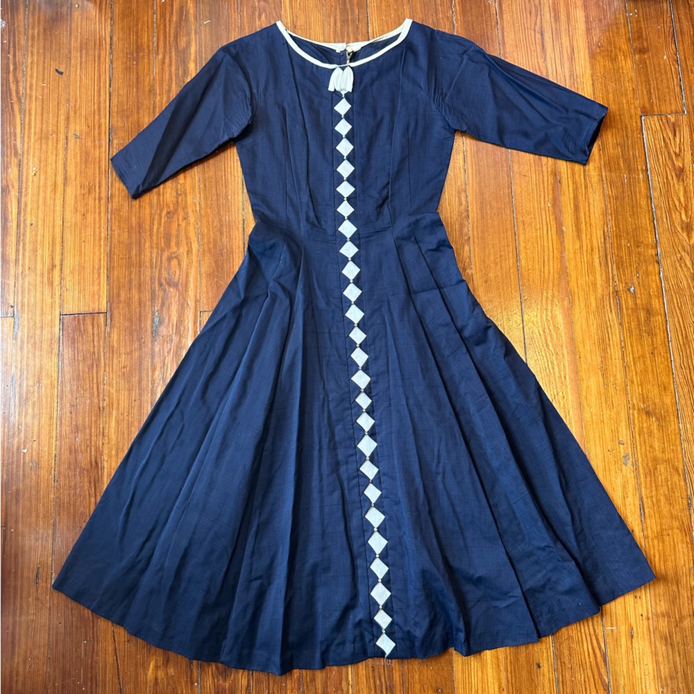 Navy Blue Vintage Dress w/ Rhinestones and White Diamond Pattern 50s 60s